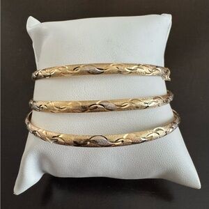 Set of 3 Vintage 14K Yellow Gold Etched Bangle Bracelets